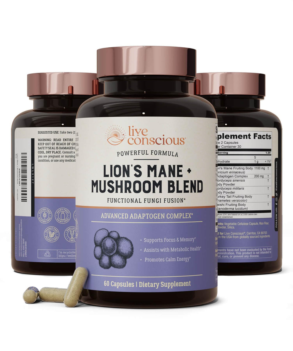 Live Conscious Lions Mane capsules bottle for daily brain support.