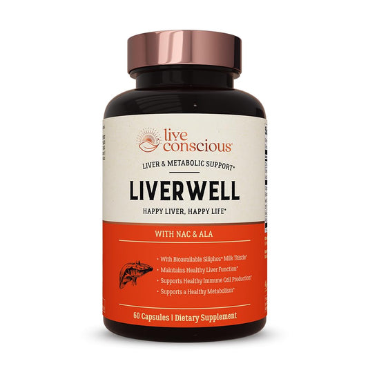 Live Conscious LiverWell bottle front view highlighting liver support and daily wellness benefits.