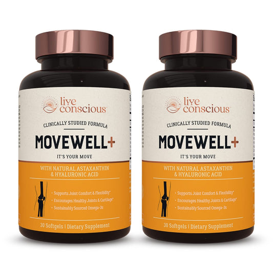 Live Conscious MoveWell Plus Antarctic krill oil bottle supports joint comfort and recovery