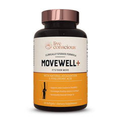 Live Conscious MoveWell Plus bottle highlights Antarctic krill oil for joint comfort.