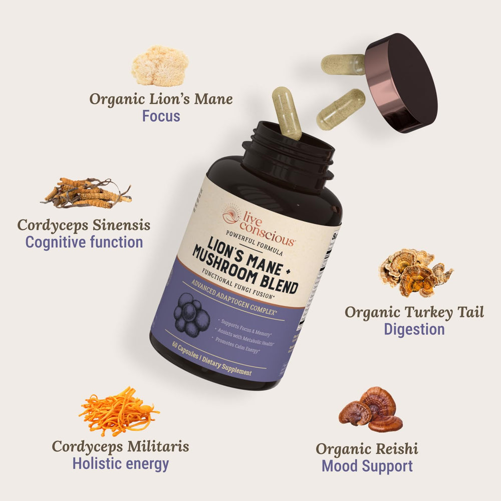 Live Conscious multi-mushroom adaptogen blend capsules support focused energy.
