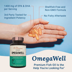 Live Conscious OmegaWell softgels close-up with burpless, easy-to-swallow design