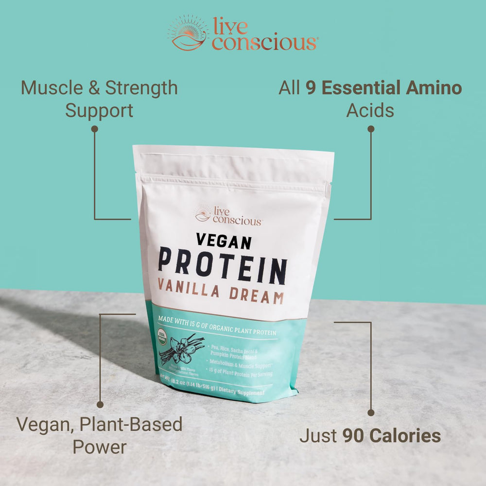 Live Conscious Vanilla Dream powder detail highlights smooth texture and blend
