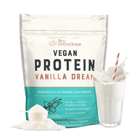 Live Conscious Vanilla Dream protein bottle pour for a quick post-workout shake