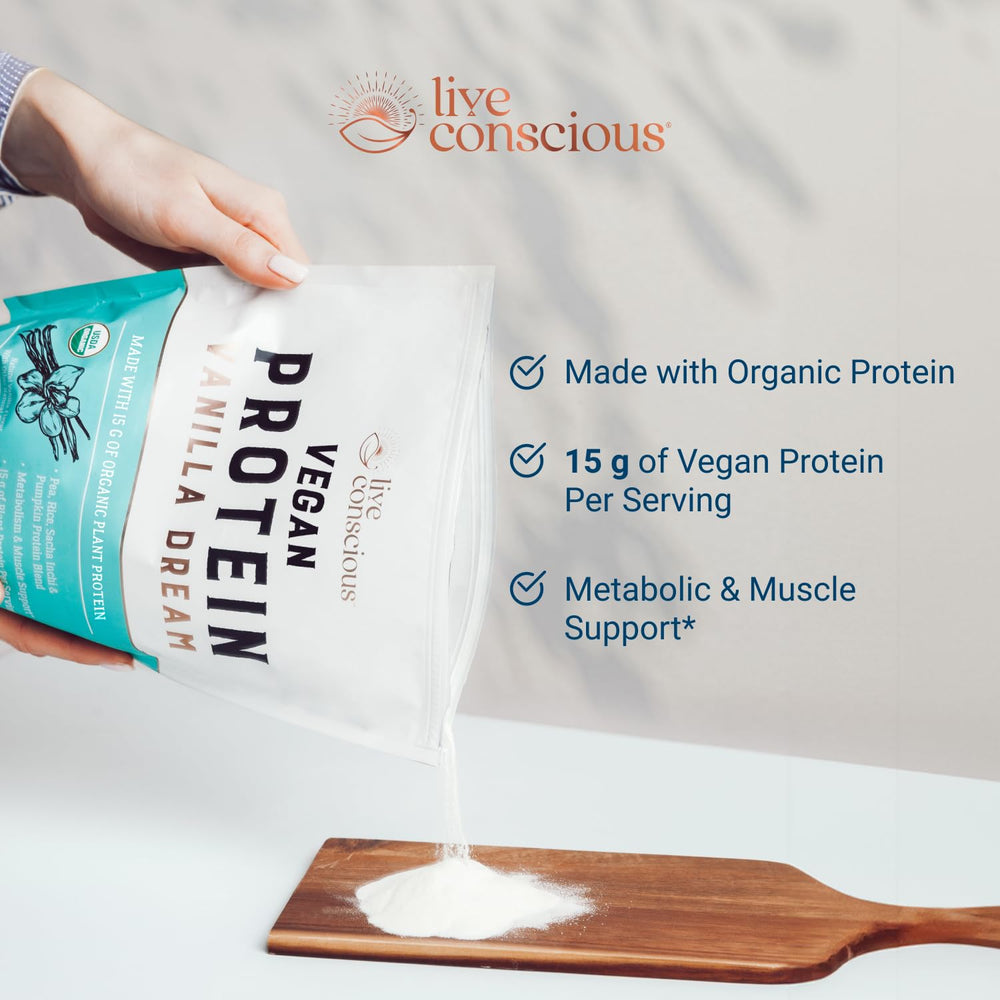 Live Conscious Vanilla Dream vegan protein scoop in glass shows creamy texture