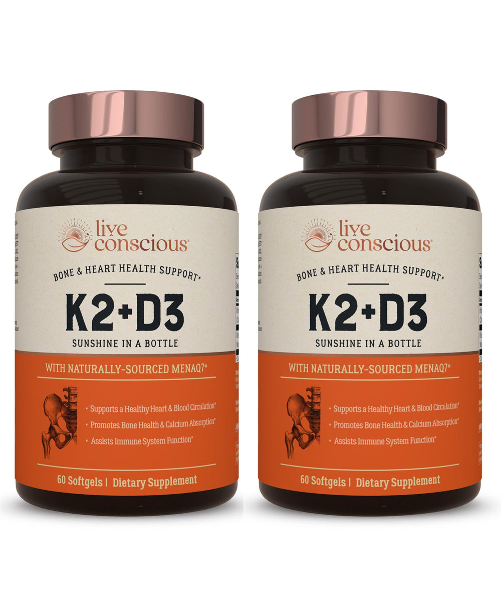 Live Conscious Vitamin K2 MK7 with D3 bottle front view for bone and circulatory support