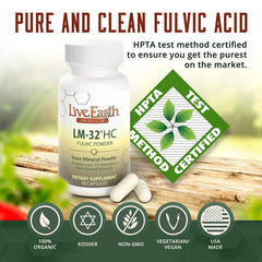 Live Earth LM-32 HC label highlights pure fulvic acid with trace minerals.