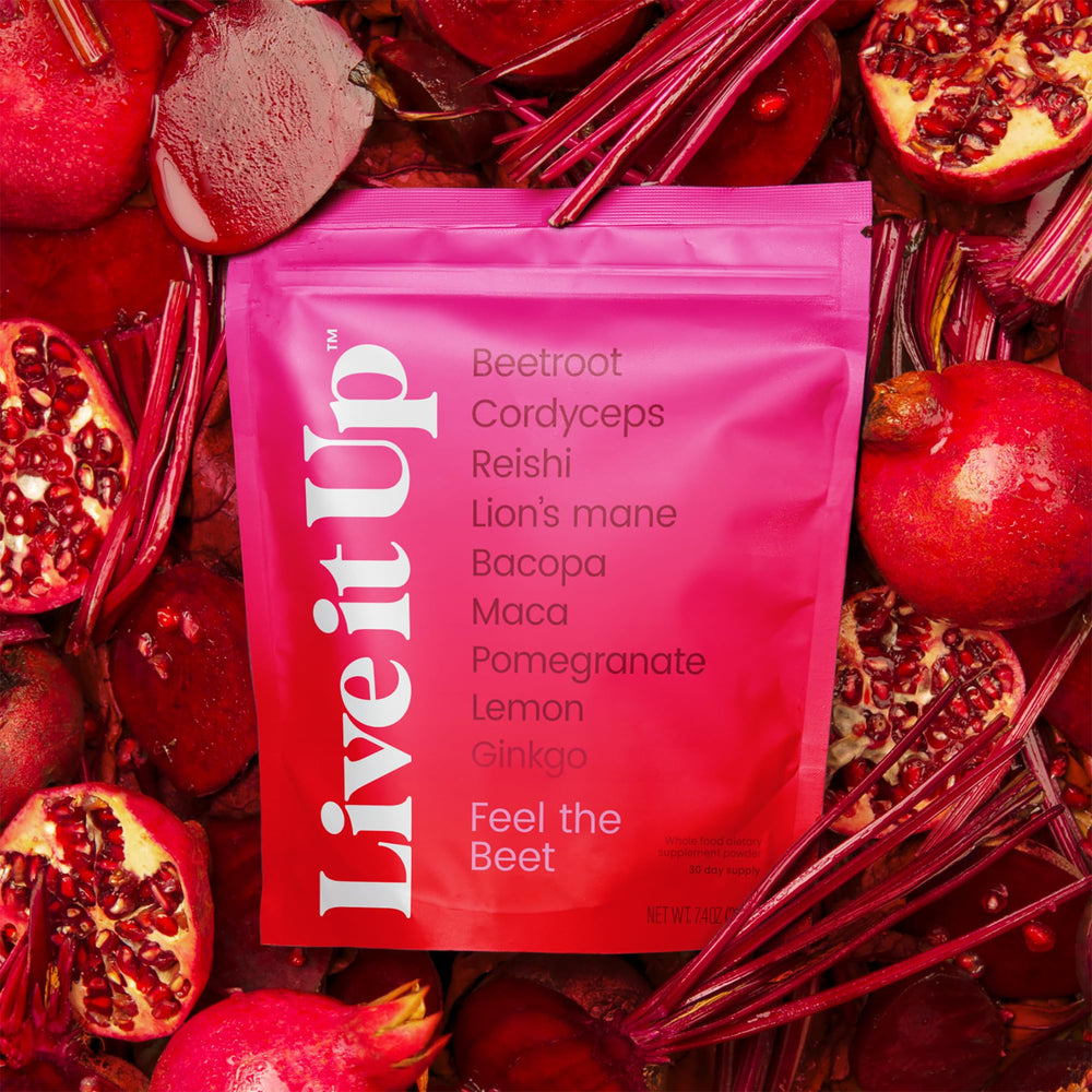 LIVE IT UP Feel The Beet bottle with shaker ready for daily routine.