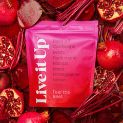 LIVE IT UP Feel The Beet bottle with shaker ready for daily routine.