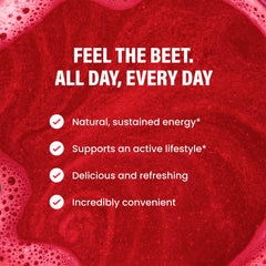 LIVE IT UP Feel The Beet scoop beside a glass signals an easy daily ritual.