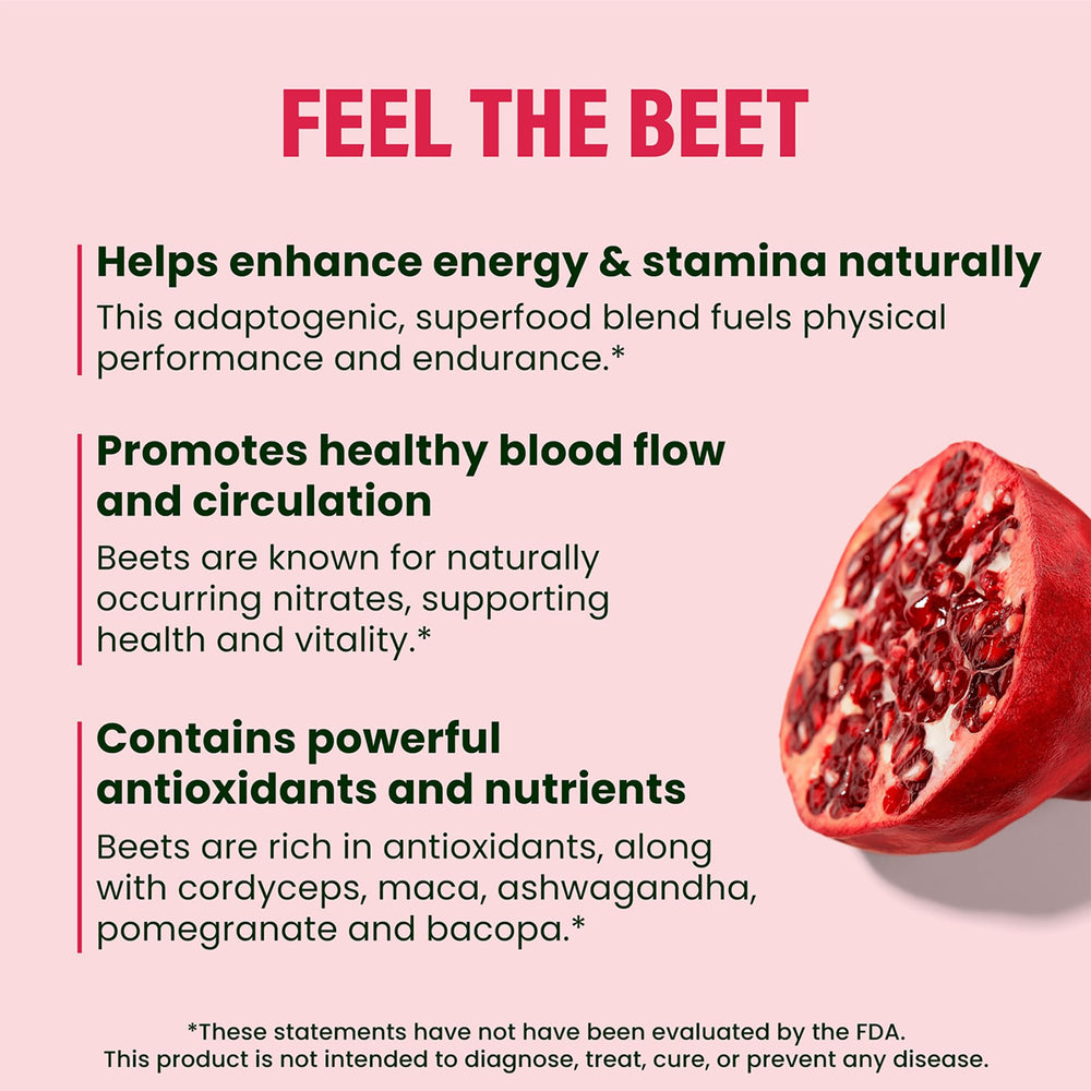 LIVE IT UP Feel The Beet powder jar with the mushroom blend on a counter.