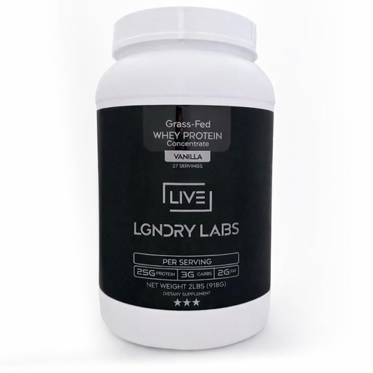 LIVE LGNDRY LABS grass-fed whey scoop showing purity and a clean taste for workouts.