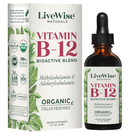 Live Wise Naturals B12 liquid bottle preserves potency for daily energy support.