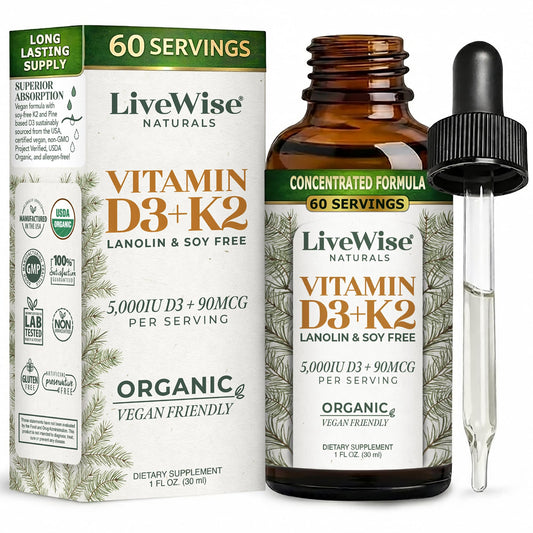 Live Wise Naturals Vitamin D3+K2 drops bottle pour supports absorption with organic MCT oil.