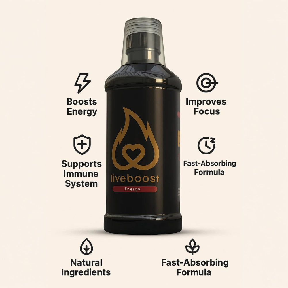 LIVEBOOST liquid supplement being poured into glass for on-the-go energy