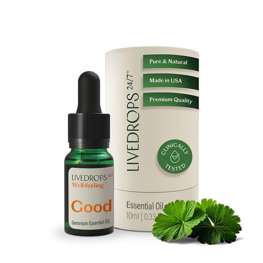 Livedrops 24/7 Good Geranium Oil bottle for uplifting aromatherapy