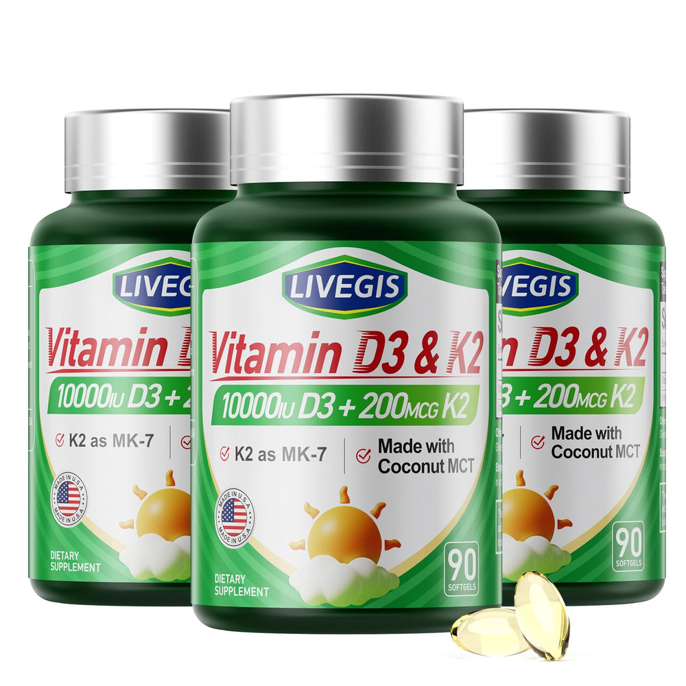 LIVEGIS vitamin D3 K2 softgels bottle for daily bone support.