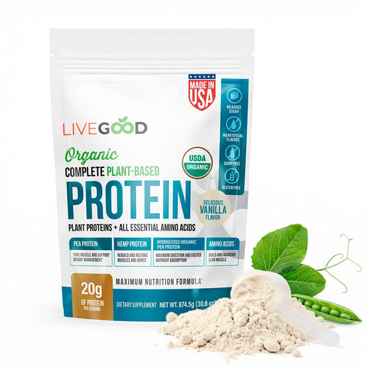 LIVEGOOD Complete Plant-Based Protein Vanilla tub for daily nutrition.