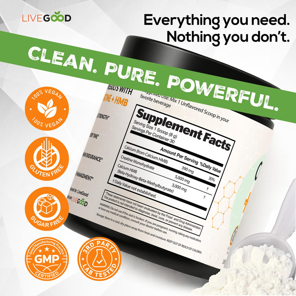 LiveGood ingredient label highlights clean creatine monohydrate.