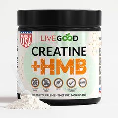 LiveGood Creatine HMB powder tub for lean muscle support.
