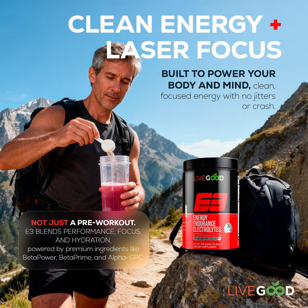 LIVEGOOD E3 athlete in gym focusing on endurance and mental clarity
