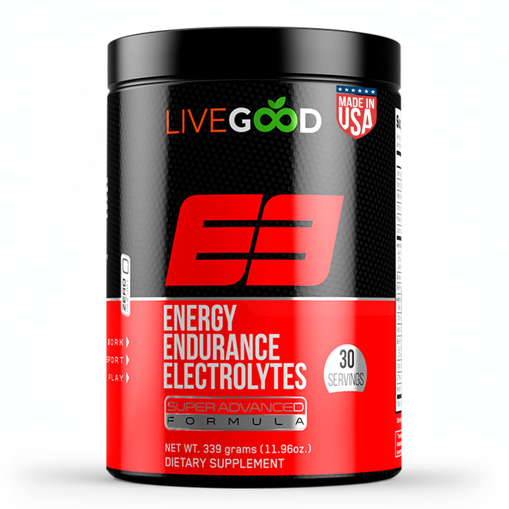 LIVEGOOD E3 preworkout bottle highlighting hydration and energy for workouts