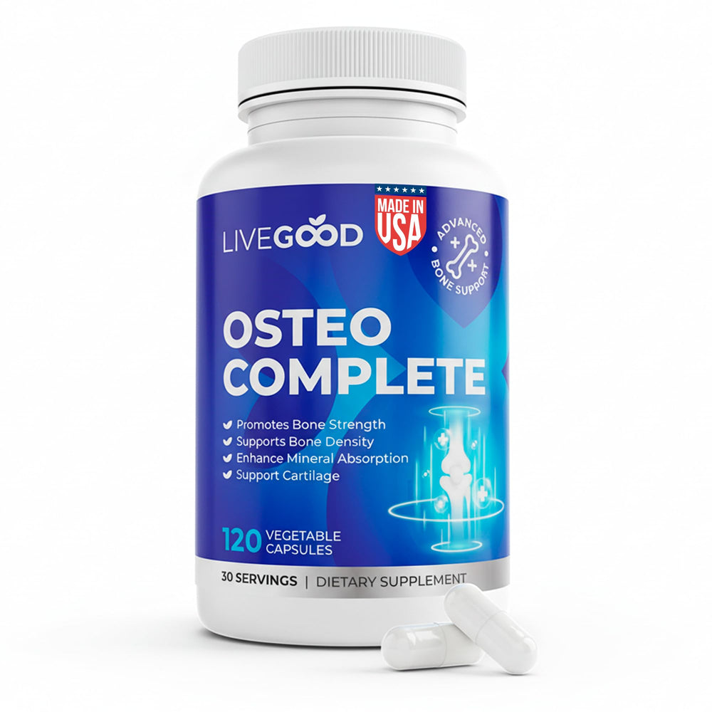 LiveGood Osteo Complete bottle front showing label and bone support benefits