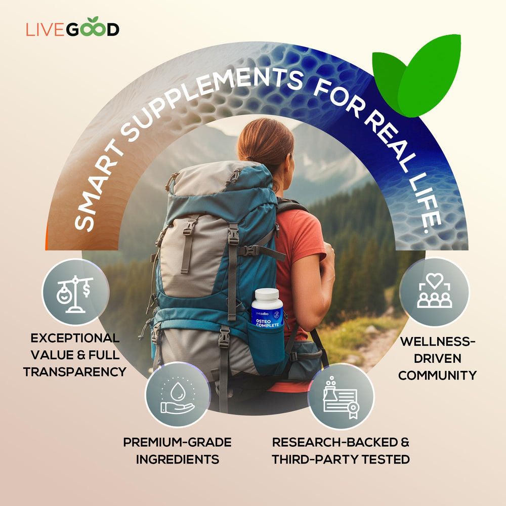 Lifestyle scene with an active adult using LiveGood Osteo Complete daily
