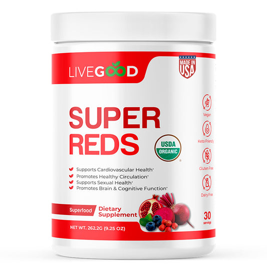 LiveGood Super Reds beetroot bottle showing natural energy support from beetroot.