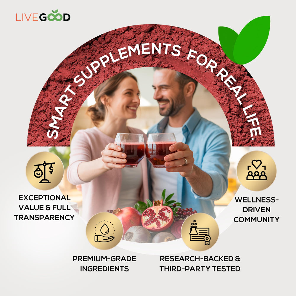 LiveGood Super Reds powder dissolving in water for quick blend.
