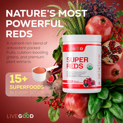LiveGood Super Reds organic pomegranate powder tub for antioxidant-rich nutrition.