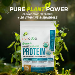 LIVEGOOD vanilla protein scoop ready to mix after a workout.