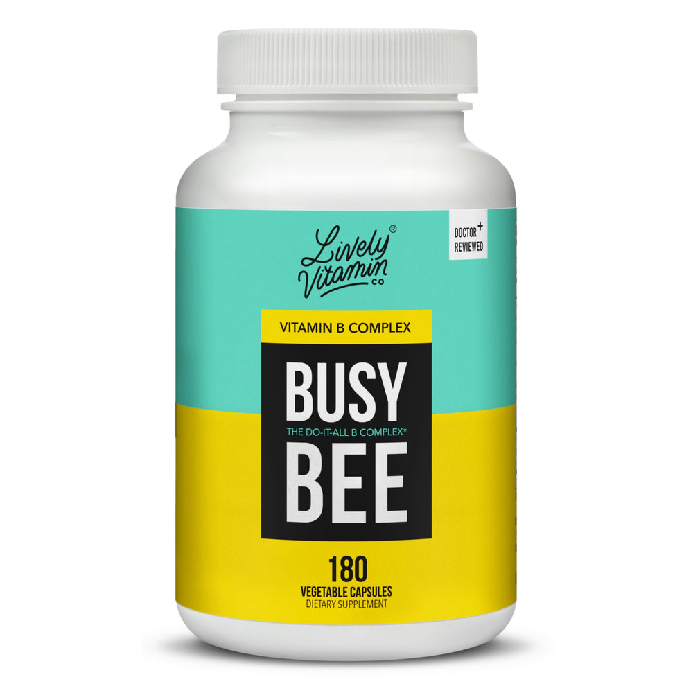 LIVELY VITAMIN CO Busy Bee bottle on a kitchen counter for daily energy support.