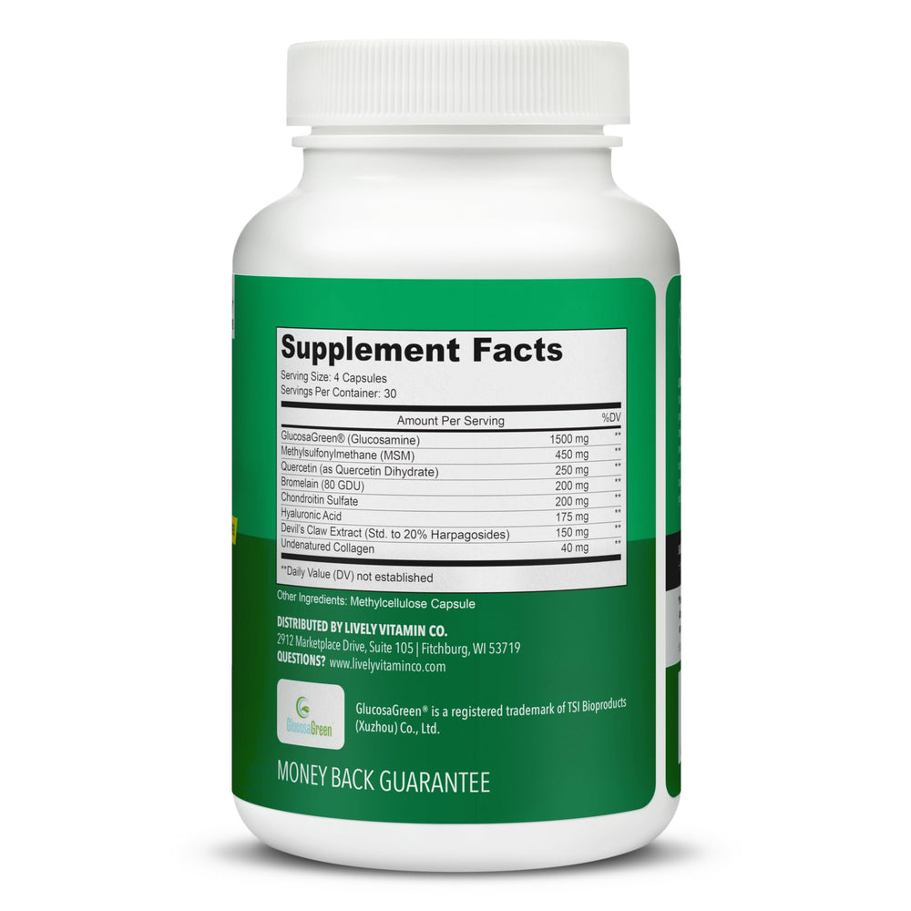 LIVELY VITAMIN CO Joint Jive label shows collagen and glucosamine benefits.