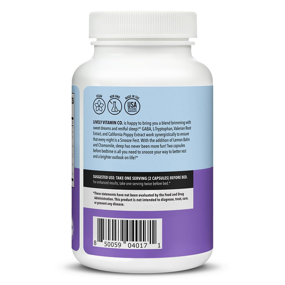 Closeup of Snooze Fest capsules highlighting natural sleep-support ingredients