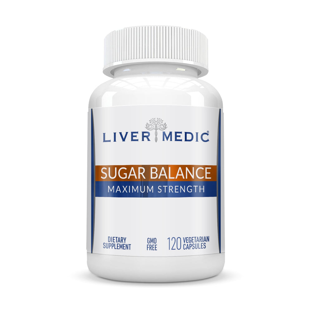 Liver Medic Blood Sugar Complex bottle with capsules for daily energy support.