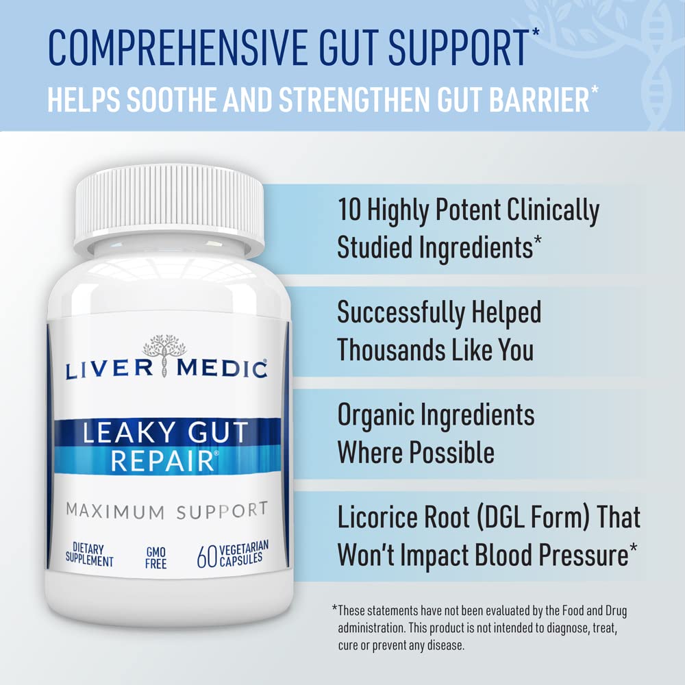 Liver Medic Leaky Gut Repair ingredients closeup shows nourishing herbal blend.