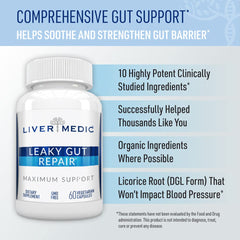 Liver Medic Leaky Gut Repair ingredients closeup shows nourishing herbal blend.