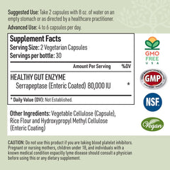 Liver Medic Serrapeptase bottle label shows vegan, non-GMO formula for clean digestion.