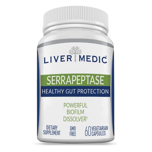 Liver Medic Serrapeptase enteric-coated capsules for enhanced absorption and gut support.