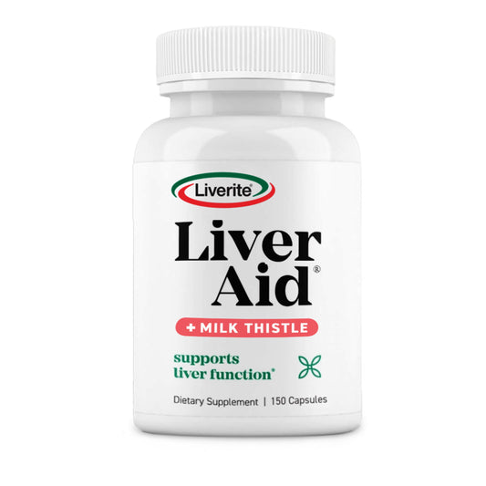 LIVERITE Liver Aid bottle with milk thistle capsules resting on a clean surface for daily liver support.