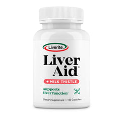 LIVERITE Liver Aid bottle with milk thistle capsules resting on a clean surface for daily liver support.