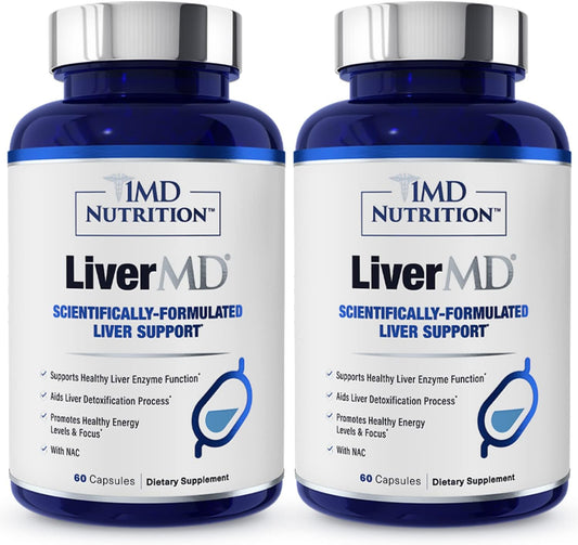 1MD LiverMD bottle top view showing compact packaging for daily liver support