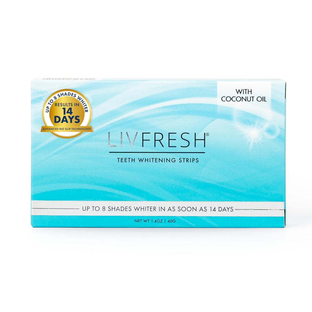 LIVFRESH Teeth Whitening Strips box front for at-home whitening.