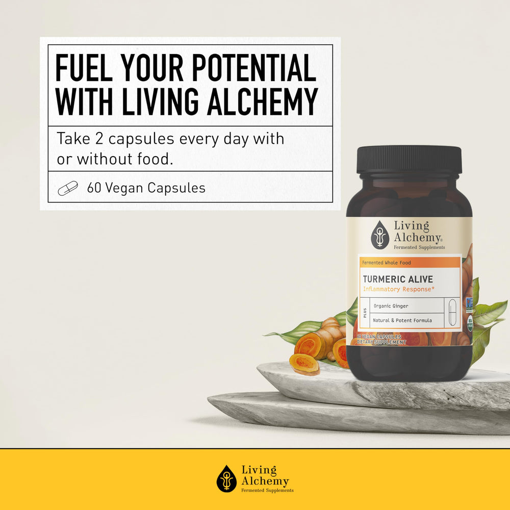 Living Alchemy vegan non-gmo dairy-free badge communicates allergen-friendly confidence.