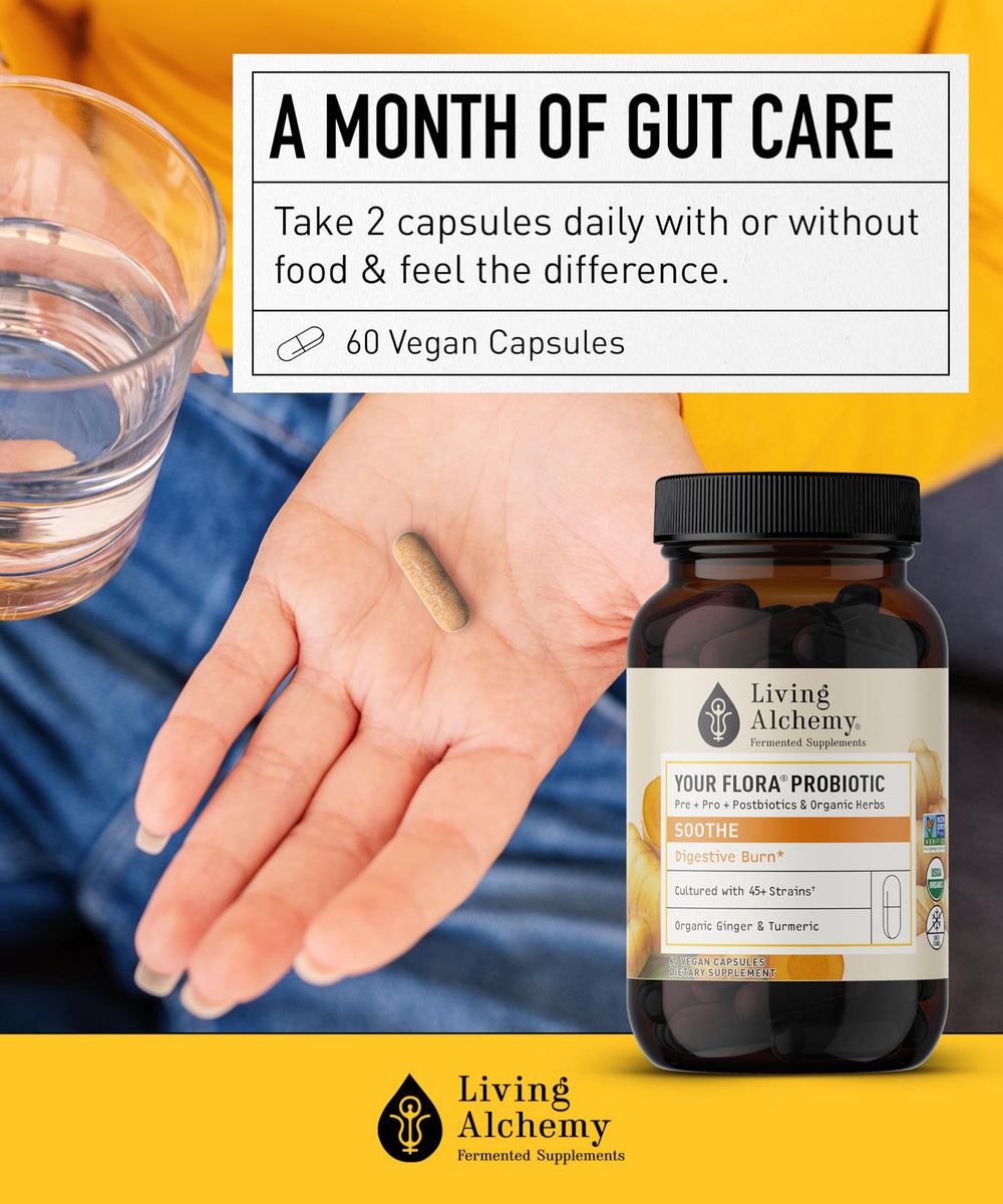 Living Alchemy Your Flora Probiotic Soothe ingredients include fermented soybean and postbiotics for absorption.