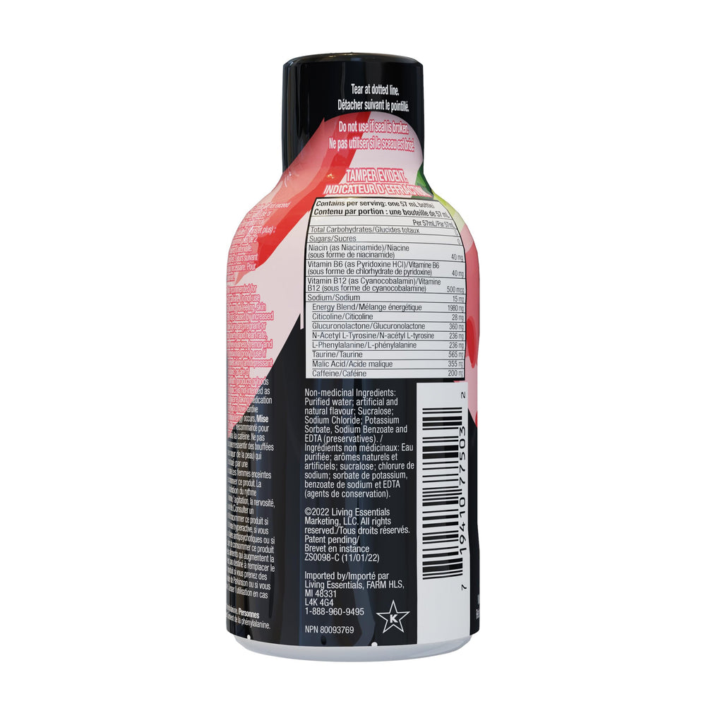 Living Essentials Watermelon shot close-up highlighting sugar-free formula and refreshing aroma.