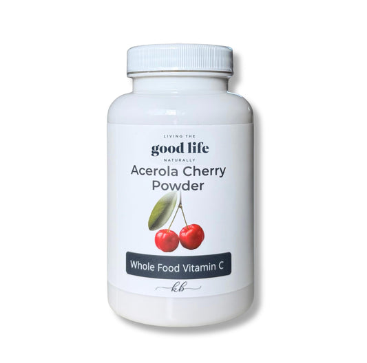 Living the Good Life Naturally Acerola Cherry Powder bottle for immune support and thyroid health.