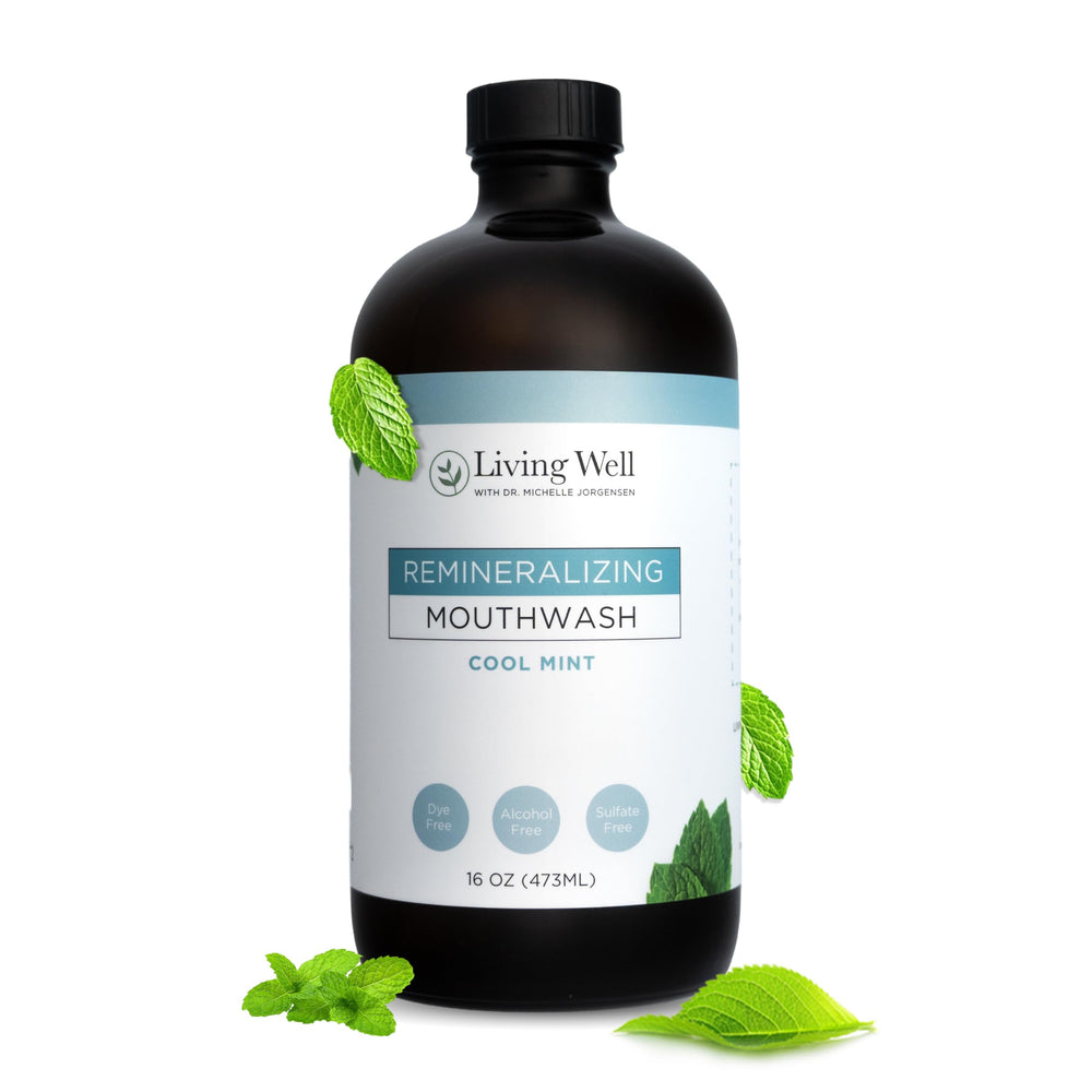Living Well with Dr. Michelle Cool Mint mouthwash bottle front shows fluoride-free formula