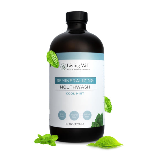 Living Well with Dr. Michelle Cool Mint mouthwash bottle front shows fluoride-free formula